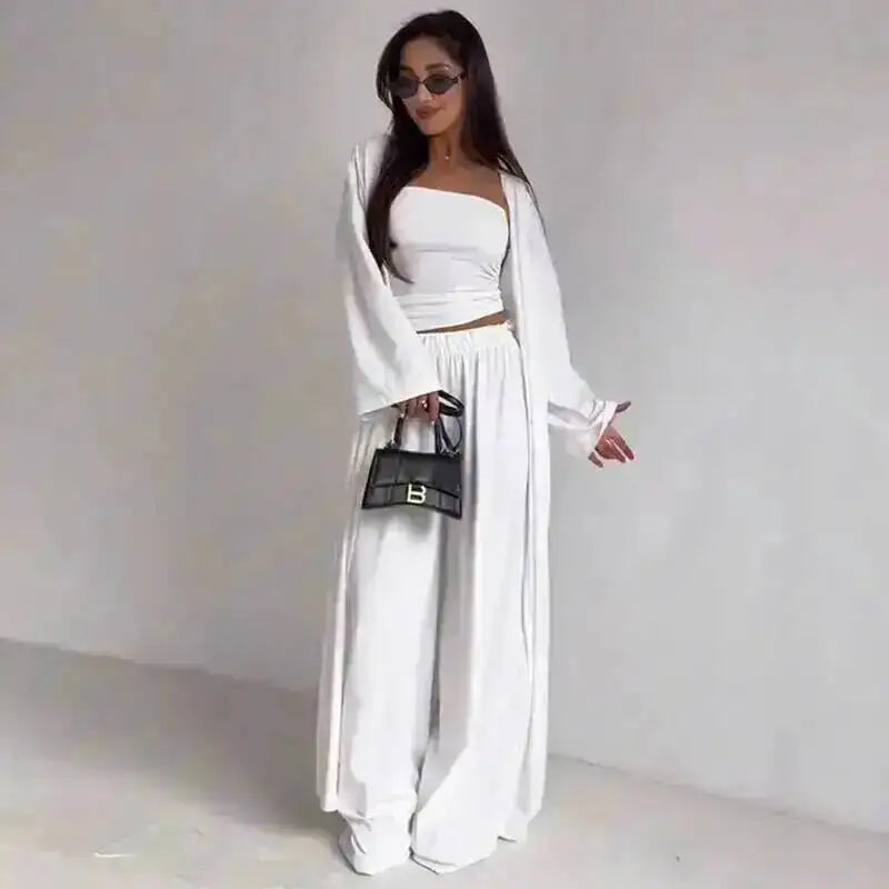 Damen Trägerloses Oberteil Langärmeliges Cardigan Weite Hose Set