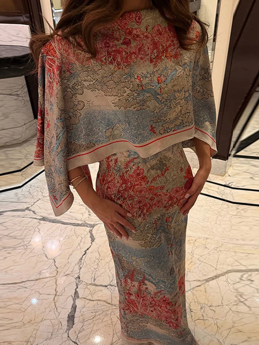 Maxikleid für Damen mit figurbetontem Schnitt, Blumenmuster, Cape-Overlay und Stola