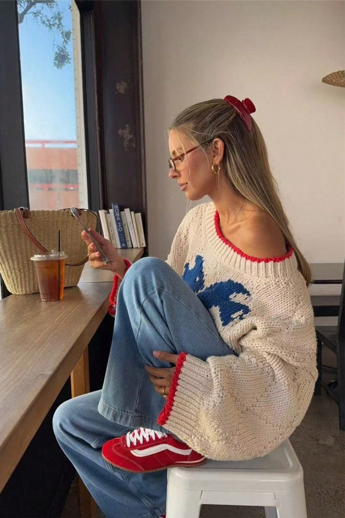Strickpullover mit Hundemotiv und Kontrastbesatz auf der Vorderseite