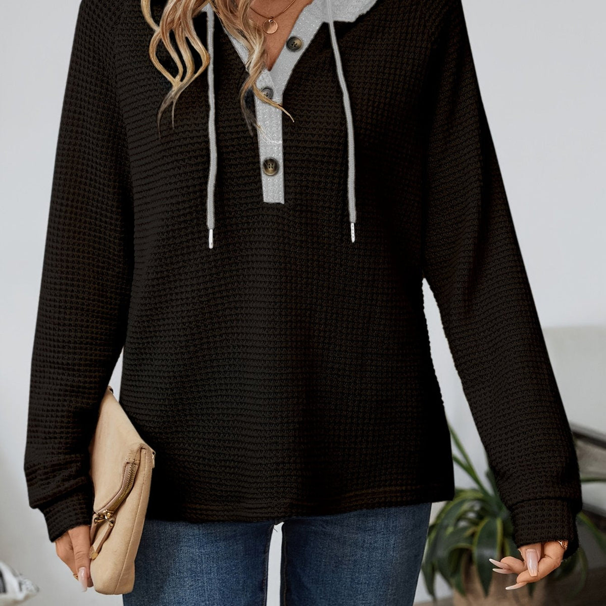 Kapuzenpullover Mit Waffelstruktur Und Knopfleiste
