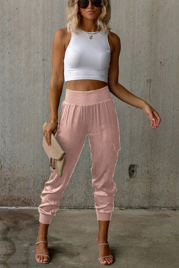 Satin-Jogginghose mit hoher Taille und Taschen