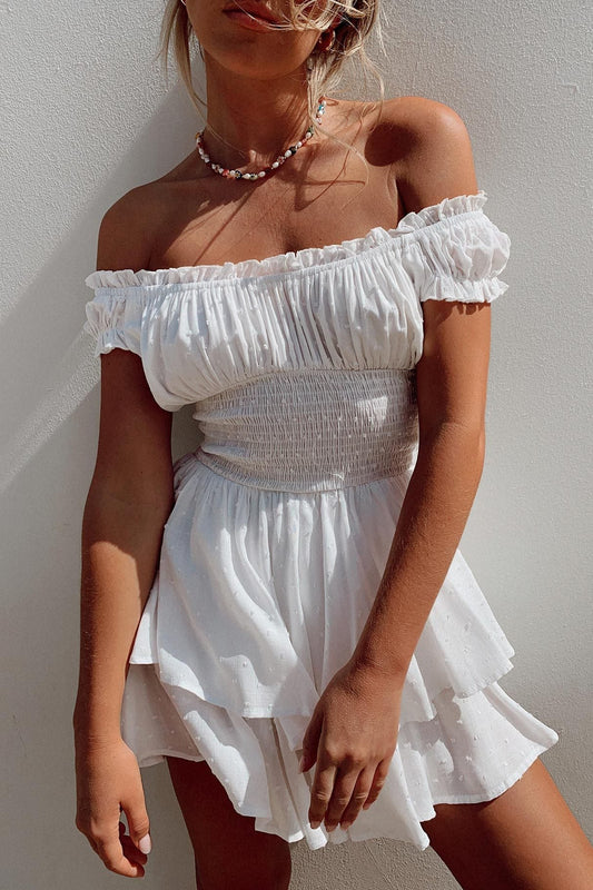 Damen Minikleid Off-Shoulder mit Stickerei in Vorderansicht