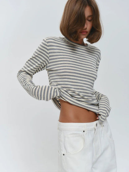 Damen Baumwolle Langarm gestreiftes T-Shirt
