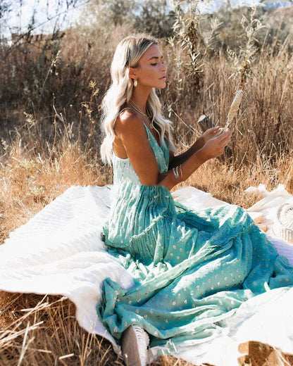 Boho Chic grünes langes Sommerkleid