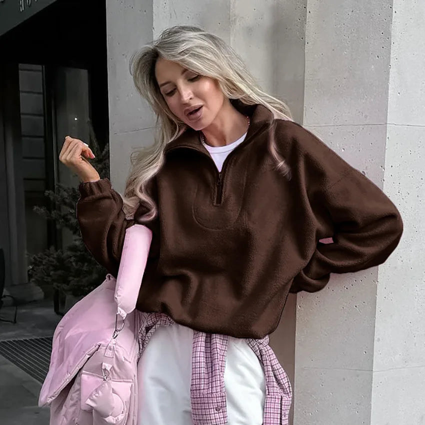 Damen-Fleece-Sweatshirt mit Reißverschluss, Stehkragen, lockerem Schnitt
