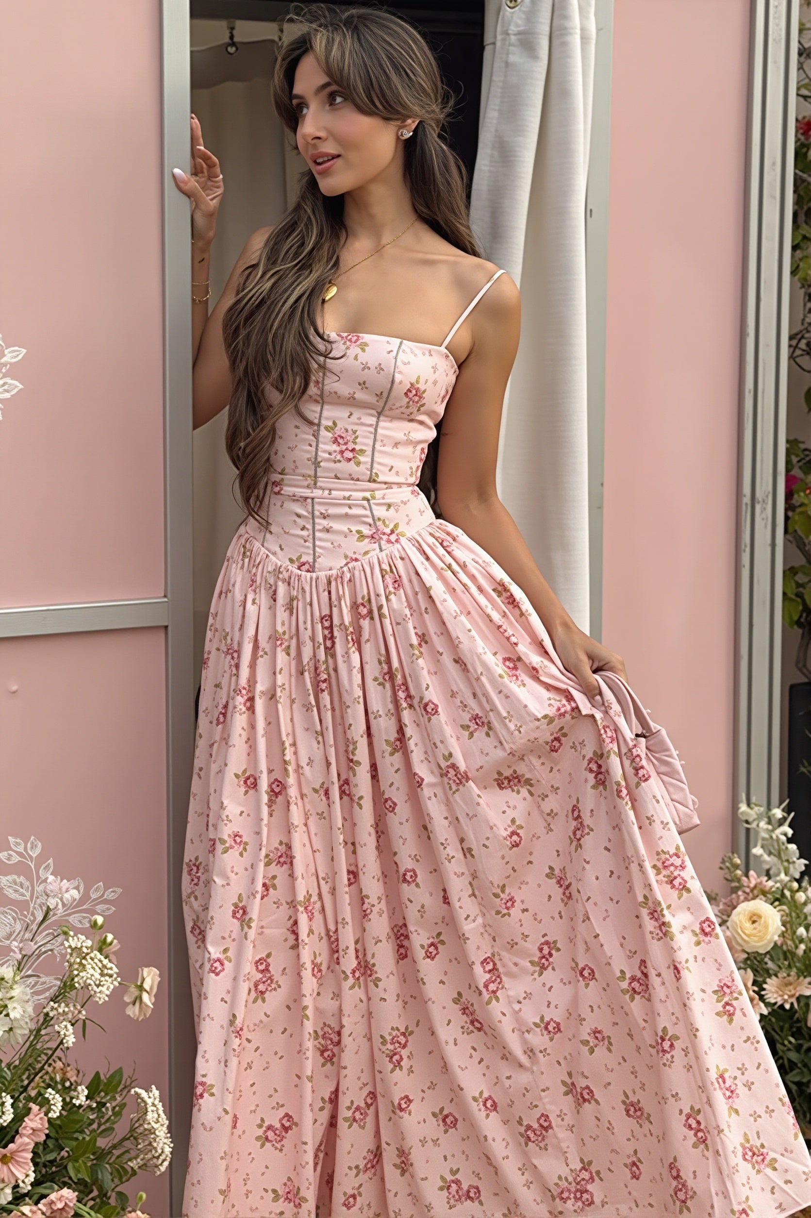 Detailansicht des Blumenprints auf dem Damen-Maxikleid im Vintage-Look