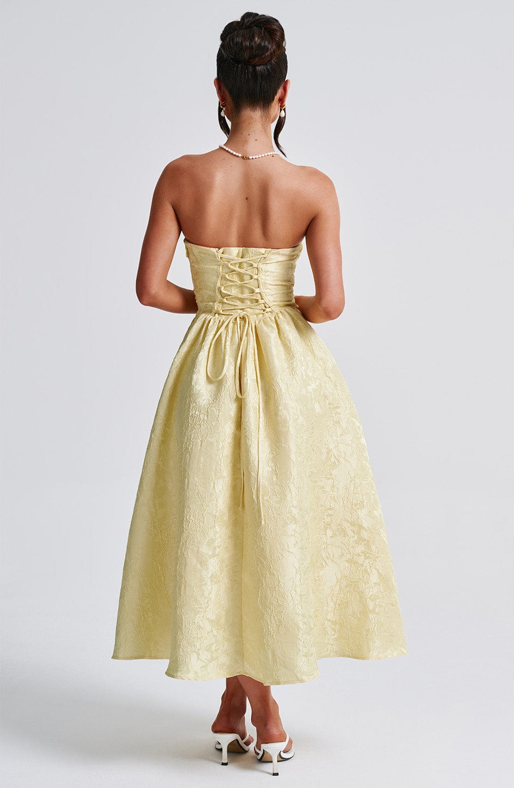 Floral Jacquard Trägerloses Midi-Kleid Zitrone