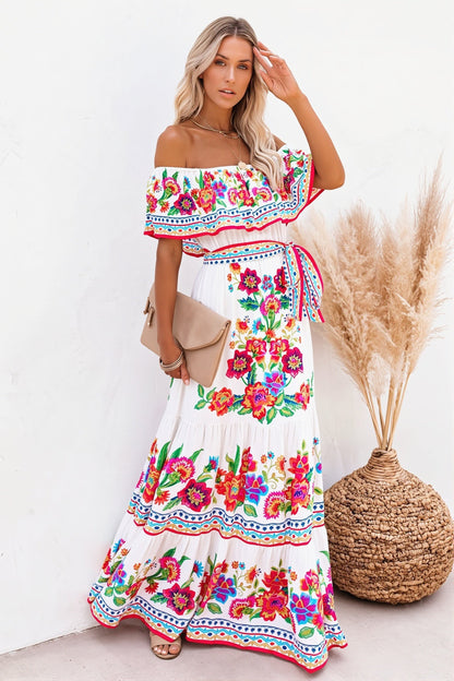 Damen Sommerkleid mit Volants und Blumenprint in frontaler Darstellung