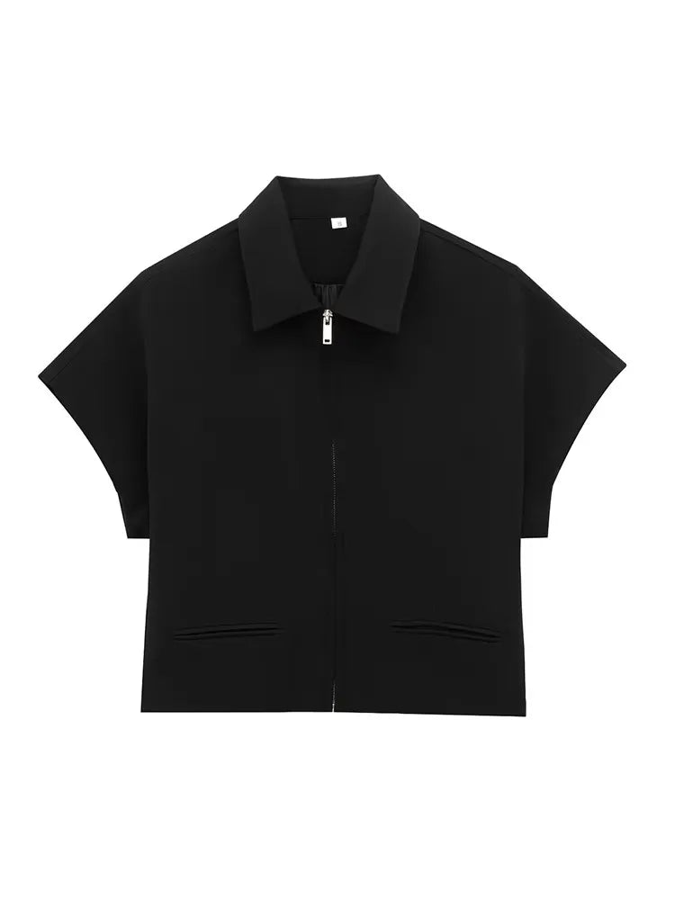 Damen Slim Revers Reißverschluss Kurzarm Mantel Set Schwarz