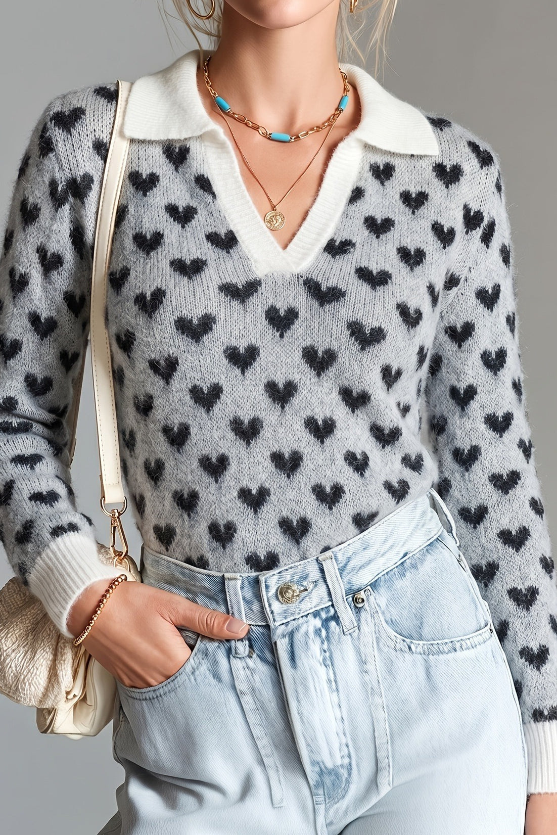 Rückansicht des hellgrauen Jacquard-Pullovers für Damen