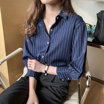 Damen Locker Geschnittenes Gestreiftes Langarmshirt Blau Weiß