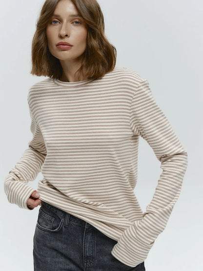 Damen Baumwolle Langarm gestreiftes T-Shirt