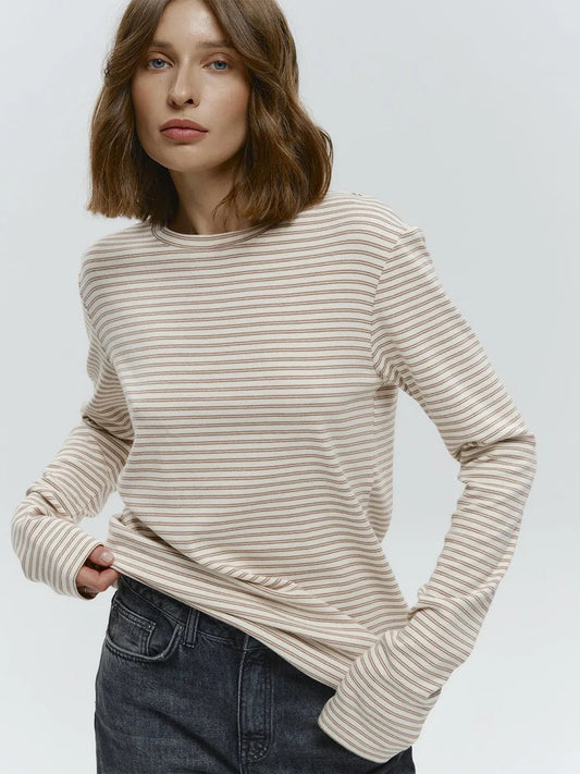 Damen Baumwolle Langarm gestreiftes T-Shirt
