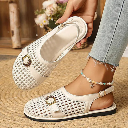 Damen gewebte Flat Sandalen mit offenem Design und flacher Sohle