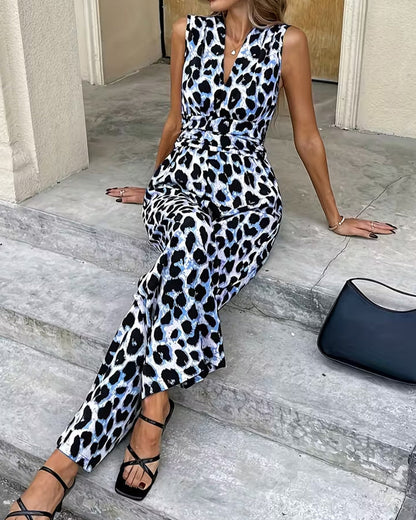 Leoparden-Jumpsuit ohne Ärmel für vielseitige Outfits