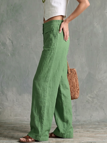 Grüne Damenhose mit weitem Bein und hohem Bund, Detailansicht