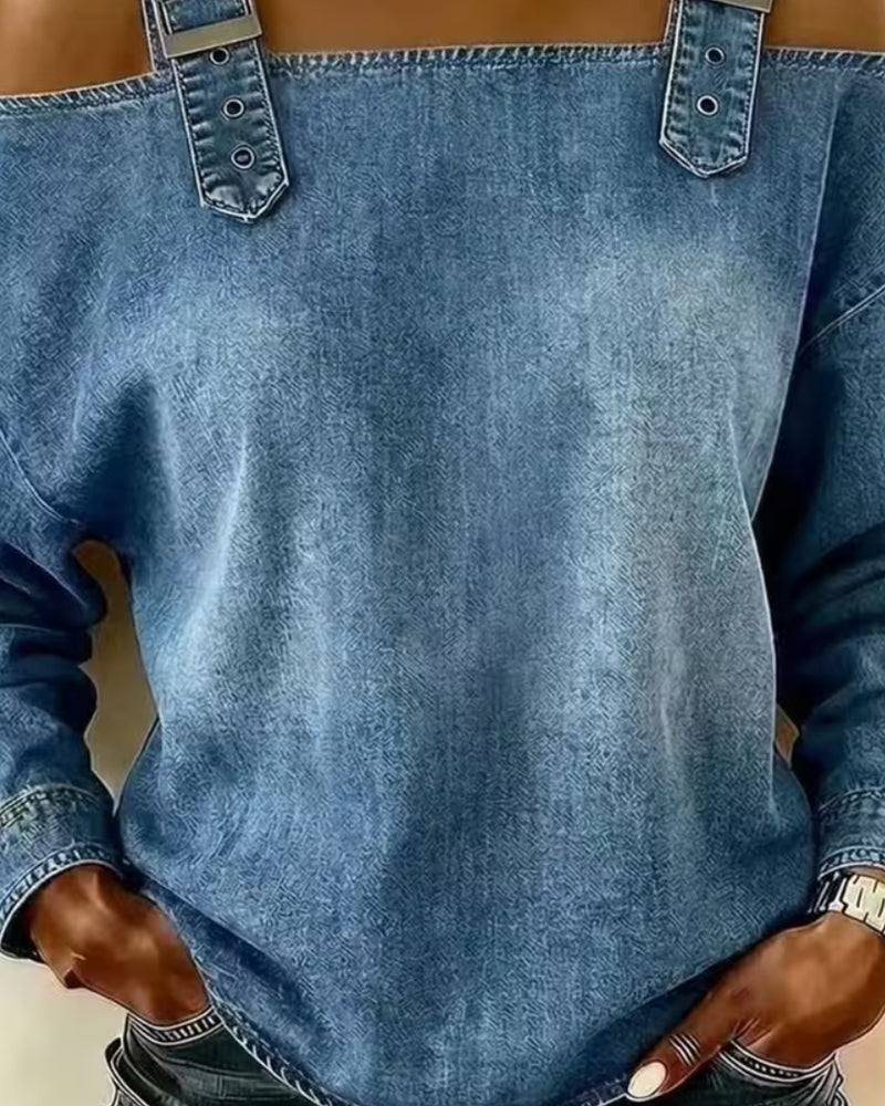 Rückansicht der Damen Jeansbluse mit Off-Shoulder-Design im lässigen Denim-Stil