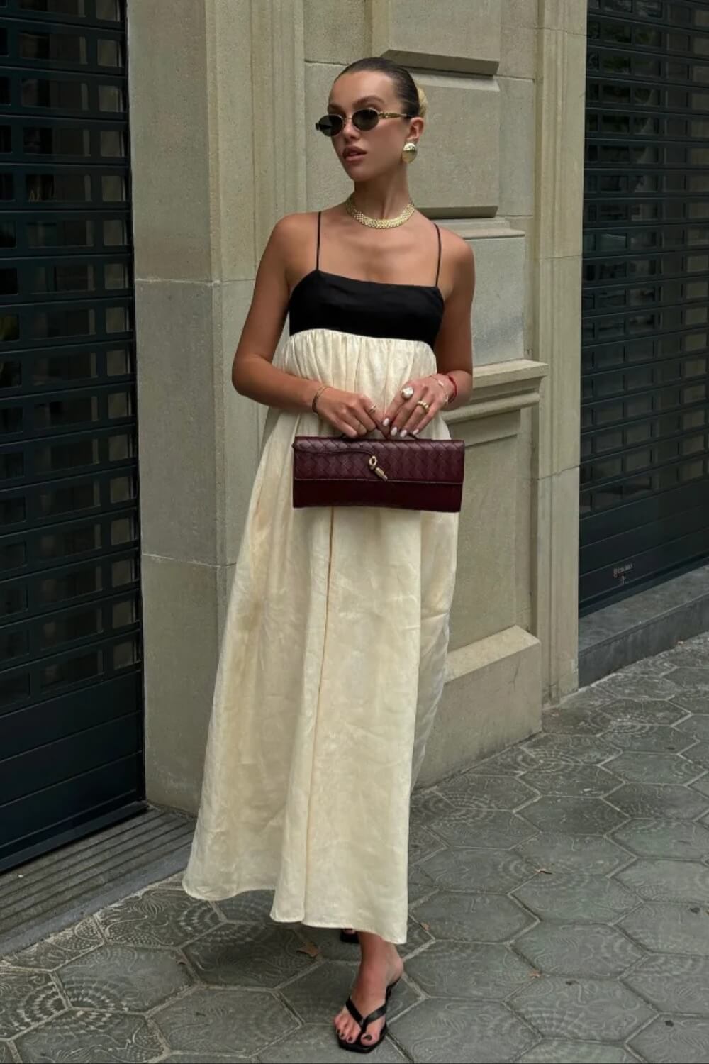 Leinenmischung Lässiges Midi-Kleid Schwarz und Weiß