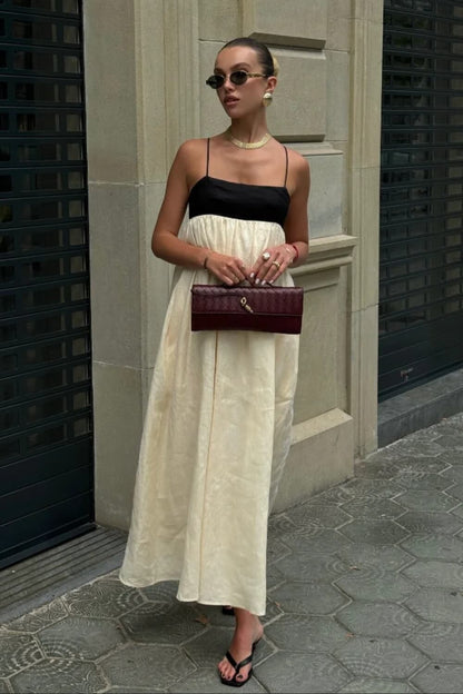 Leinenmischung Lässiges Midi-Kleid Schwarz und Weiß