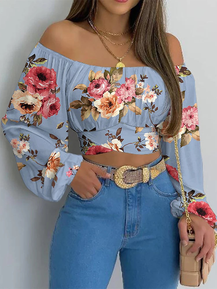 Damen Schulterfreie Kurzbluse mit Ballonärmeln