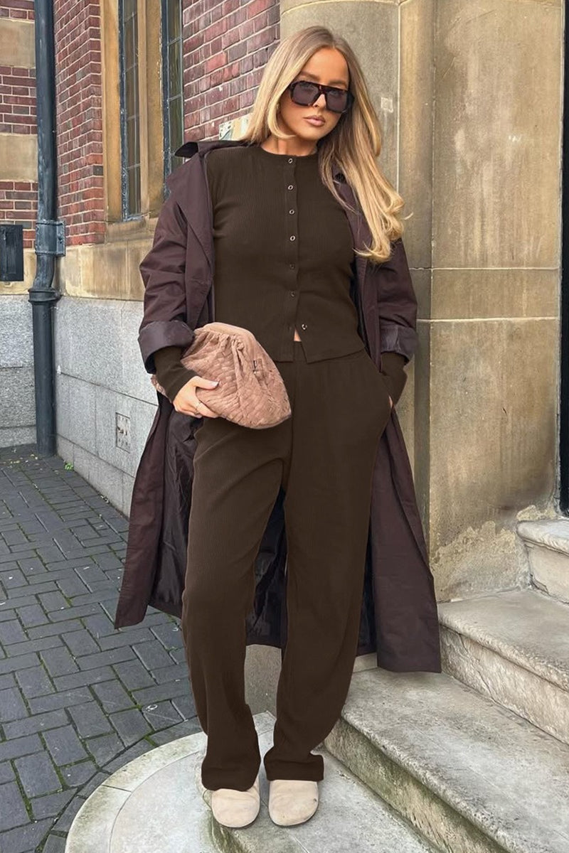 Damen Rippstrick Cardigan Set Mit Hose