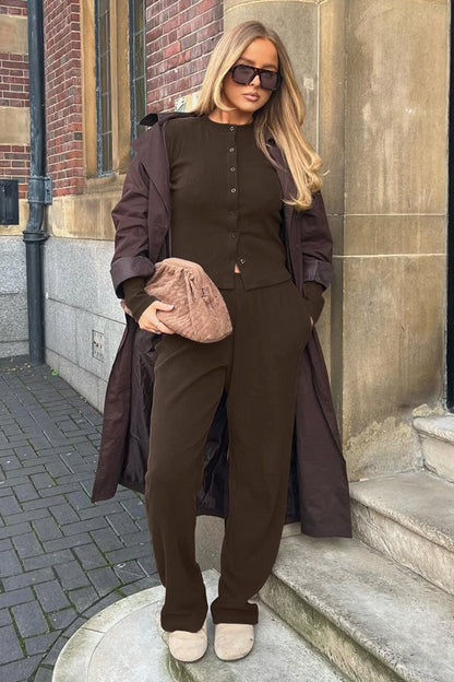 Damen Rippstrick Cardigan Set Mit Hose