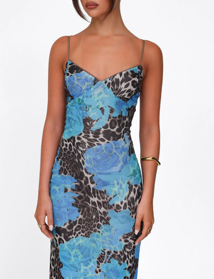Floral bedrucktes Bodycon-Maxikleid mit Sweetheart-Ausschnitt in Blau