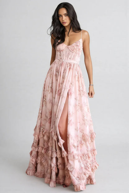 Maxikleid mit Spaghettiträgern und Rüschensaum