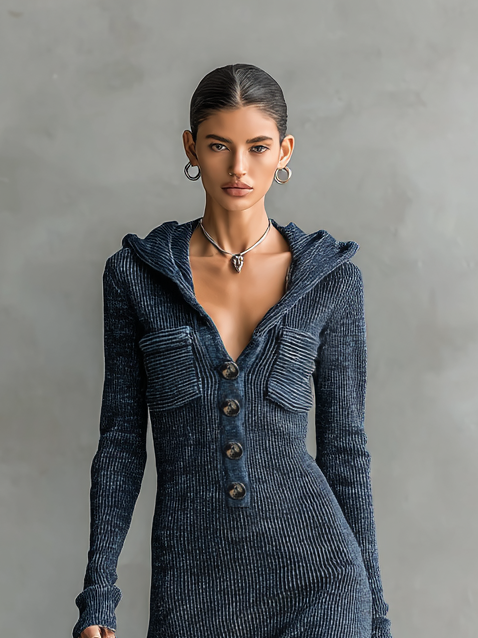 Detailansicht der Kapuze am Damen-Strickkleid