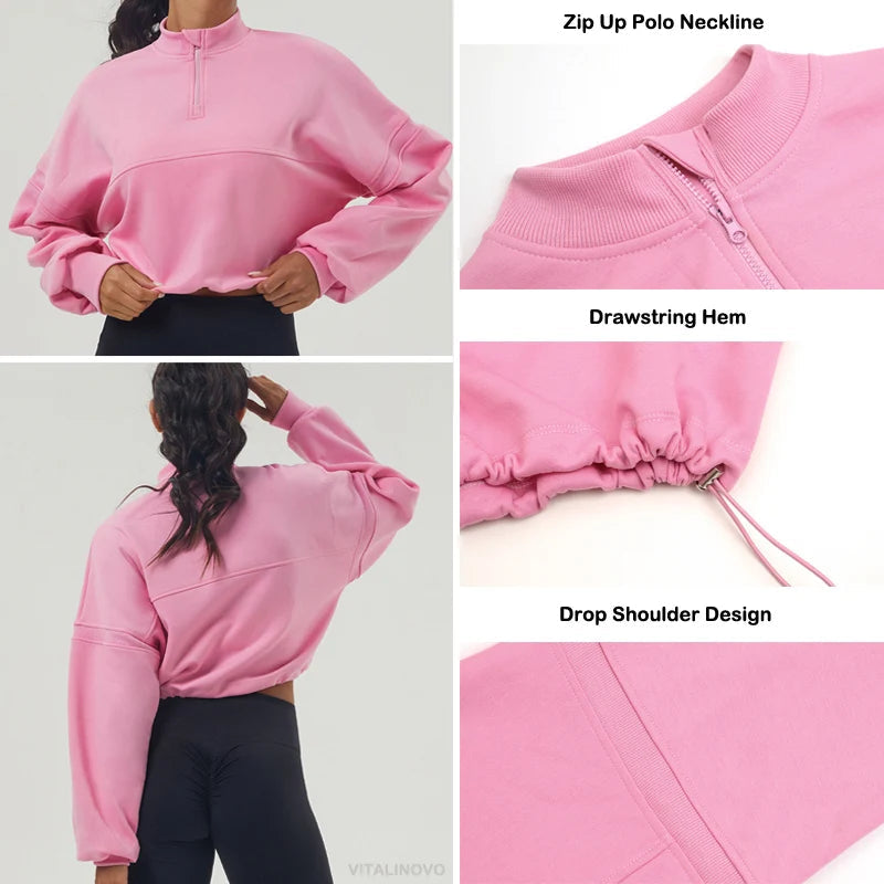 Damen Oversized Sweatshirt aus Baumwollmischung mit halbem Reißverschluss