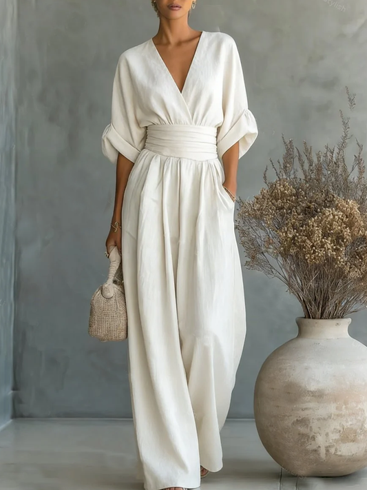 Eleganter V-Ausschnitt Jumpsuit mit hoher Taille und lockerem Sitz für Damen