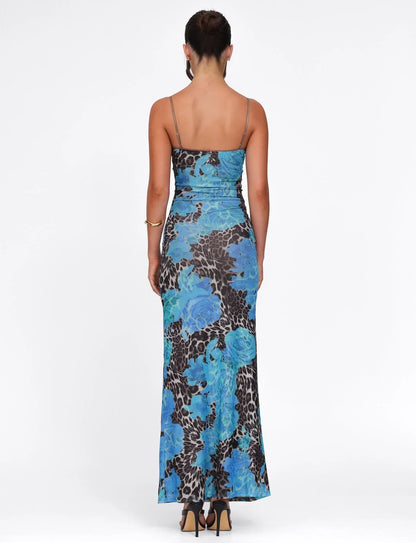 Floral bedrucktes Bodycon-Maxikleid mit Sweetheart-Ausschnitt in Blau