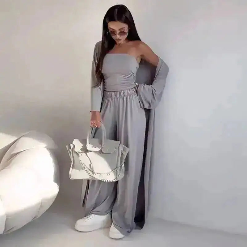 Damen Trägerloses Oberteil Langärmeliges Cardigan Weite Hose Set