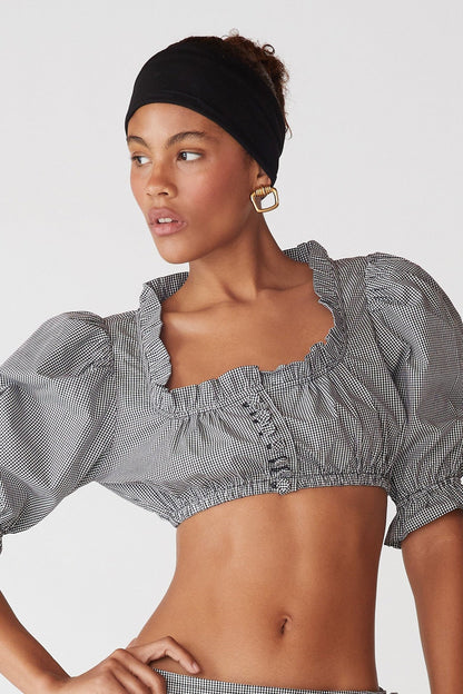 Gekürzte Bluse aus Polyester mit Knopfrüschensaum