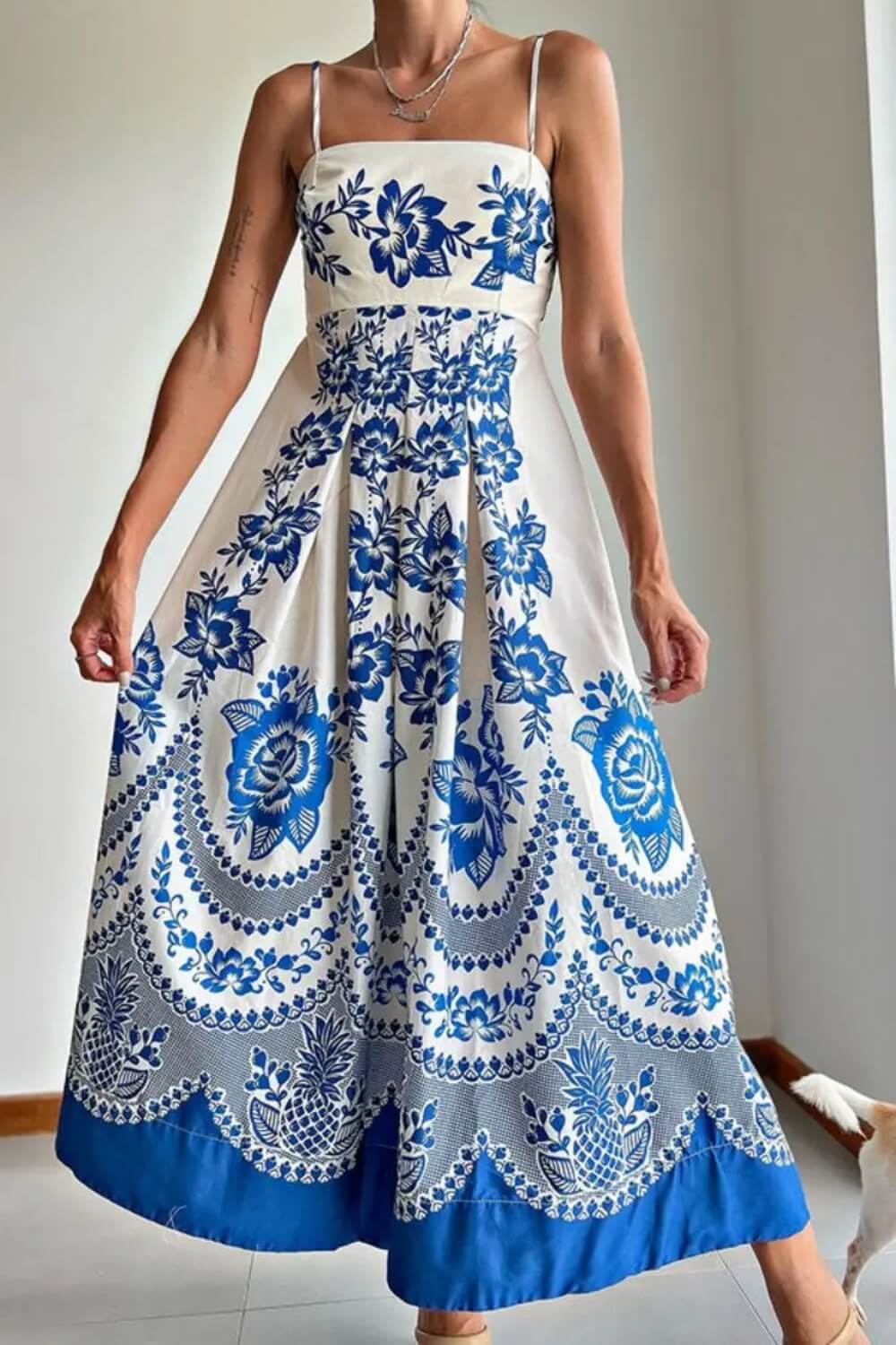 Polyester Spaghetti-Träger Midikleid Blau