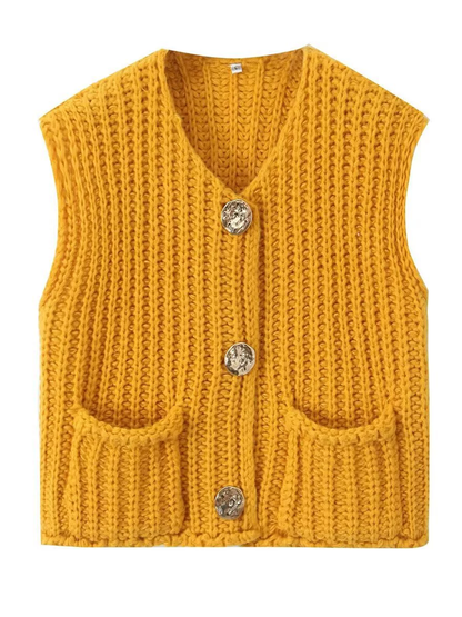 Damen Strickweste Ärmellos Mit Knopfleiste Und Taschen