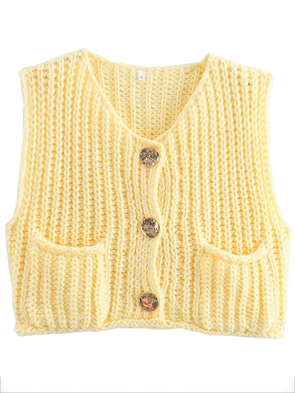 Damen Strickweste mit V-Ausschnitt, Knöpfen und Taschen im Alltagsstil