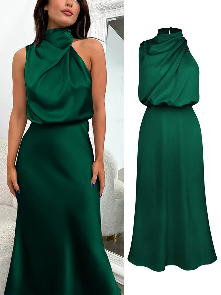 Damen Satin Midi Kleid mit asymmetrischem Ausschnitt