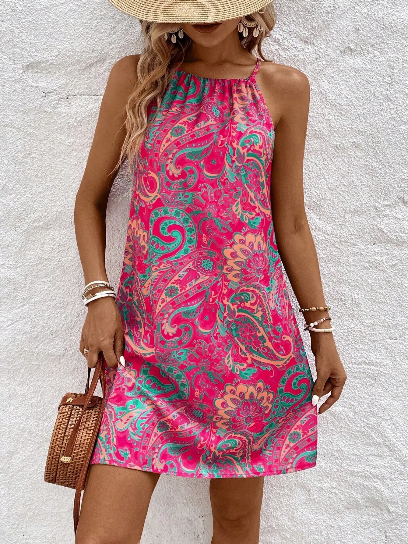 Damen Mini Kleid mit Paisley-Muster, Neckholder, ärmellos, Sommerkleid