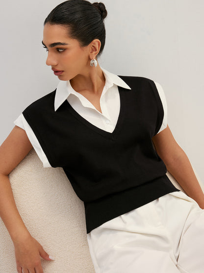 Damen Strickbluse in Layered Optik mit Kragen vorne dargestellt