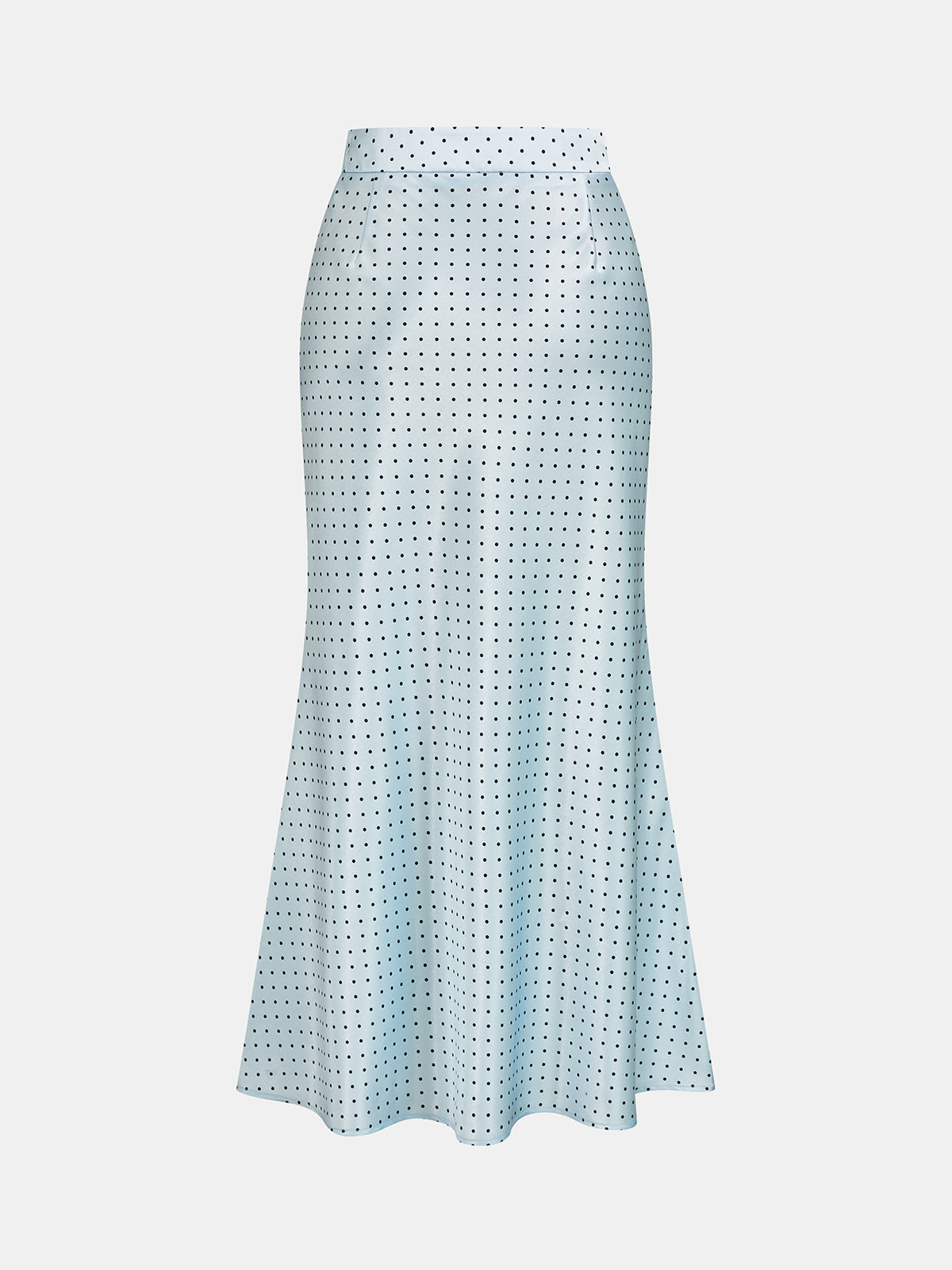 Seitenansicht eines Damen Maxirocks aus Satin mit gepunktetem Muster