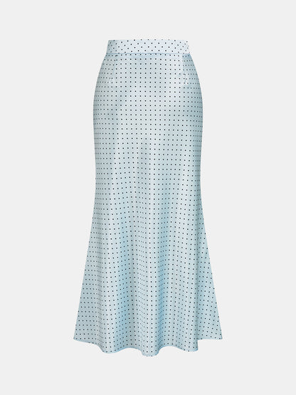 Seitenansicht eines Damen Maxirocks aus Satin mit gepunktetem Muster