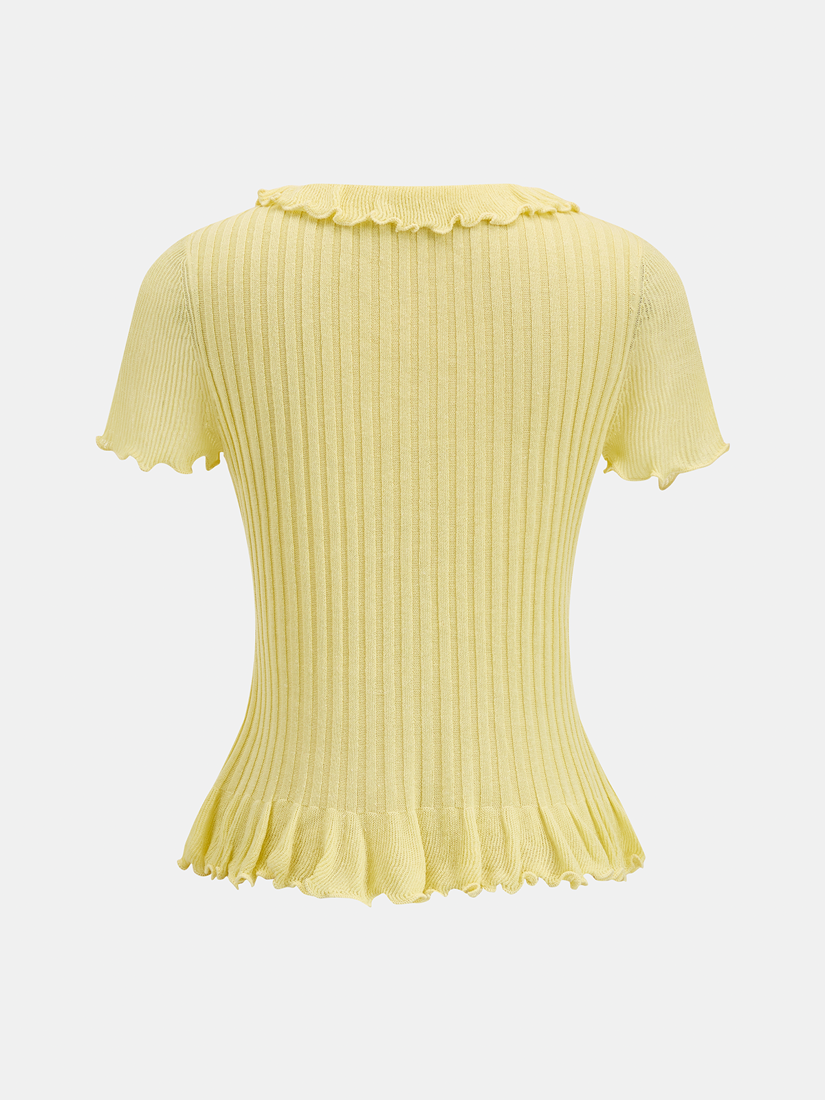 Damen Stricktop aus Rippstrick mit kurzen Rüschenärmeln im Detail