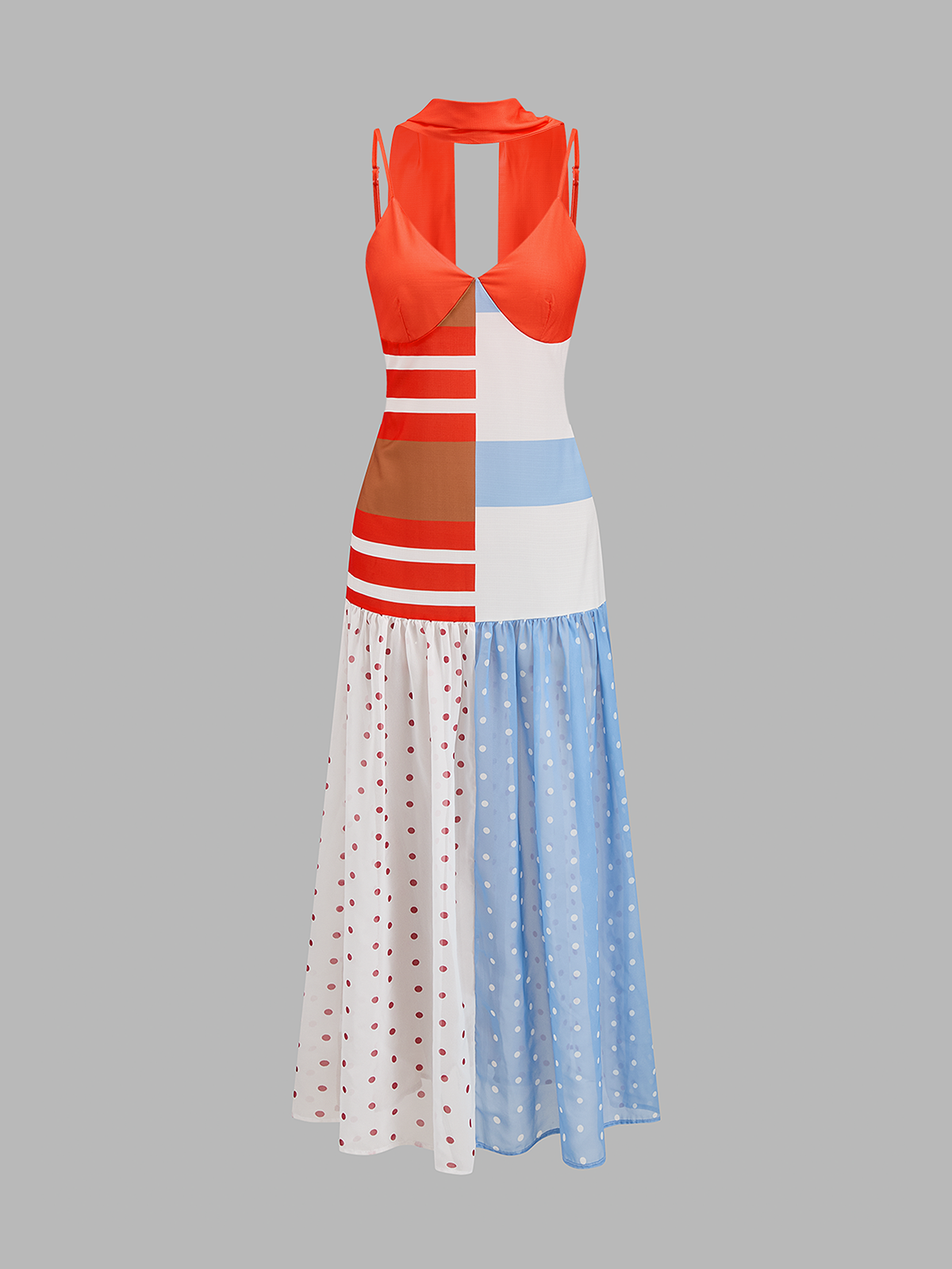 Damen Midi Slipkleid mit Spaghettiträgern und gepunktetem Patchwork