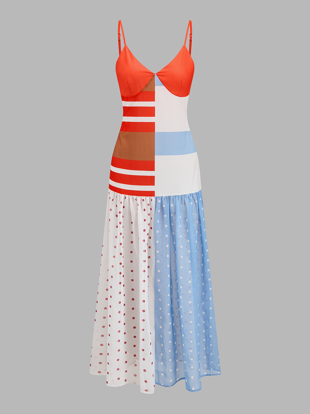 Damen Midi Slipkleid mit Polka Dot Patchwork in Rückansicht