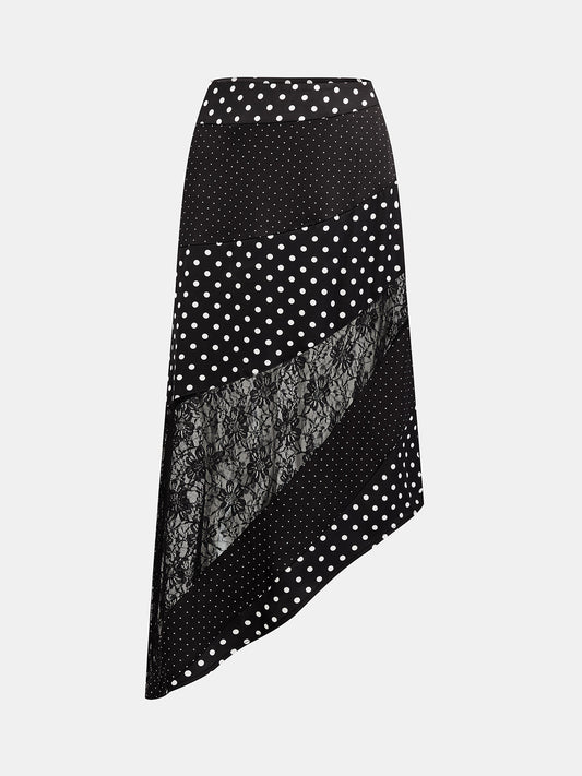 Damen Midirock mit Polka Dots und asymmetrischem Saum in Vorderansicht