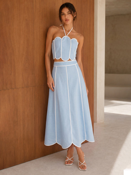 Damen Rock-Set mit Halterneck-Crop-Top und Rock mit Wellenkante, Frontansicht
