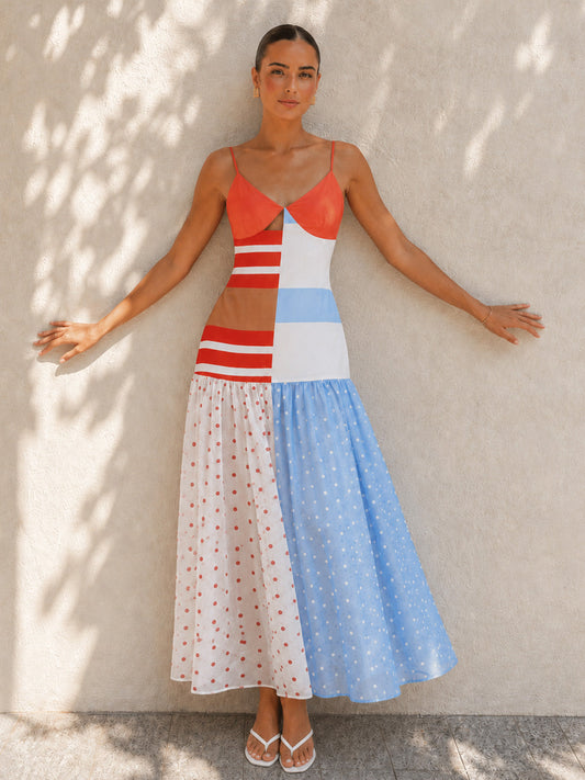 Damen Midi Slipkleid mit Polka Dot Patchwork in Vorderansicht