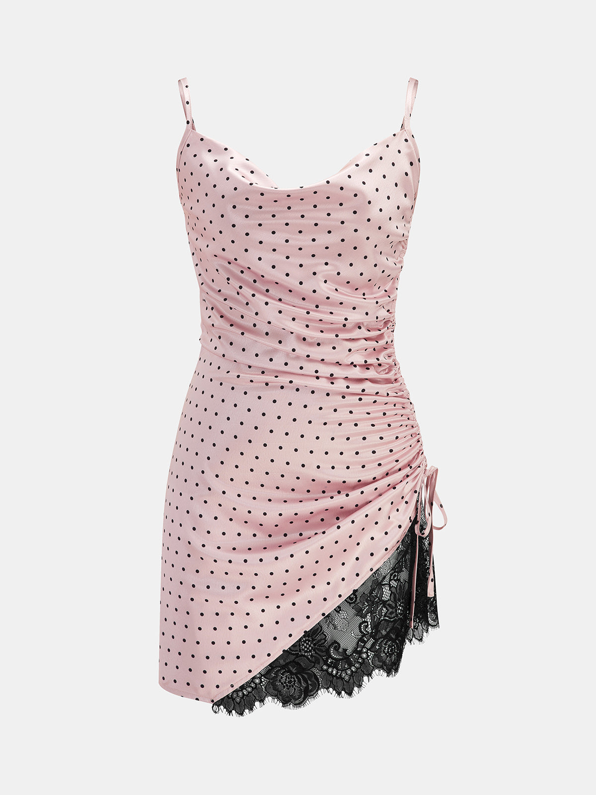 Damen Satinkleid mit Polka Dots in Seitenansicht mit schmalen Trägern
