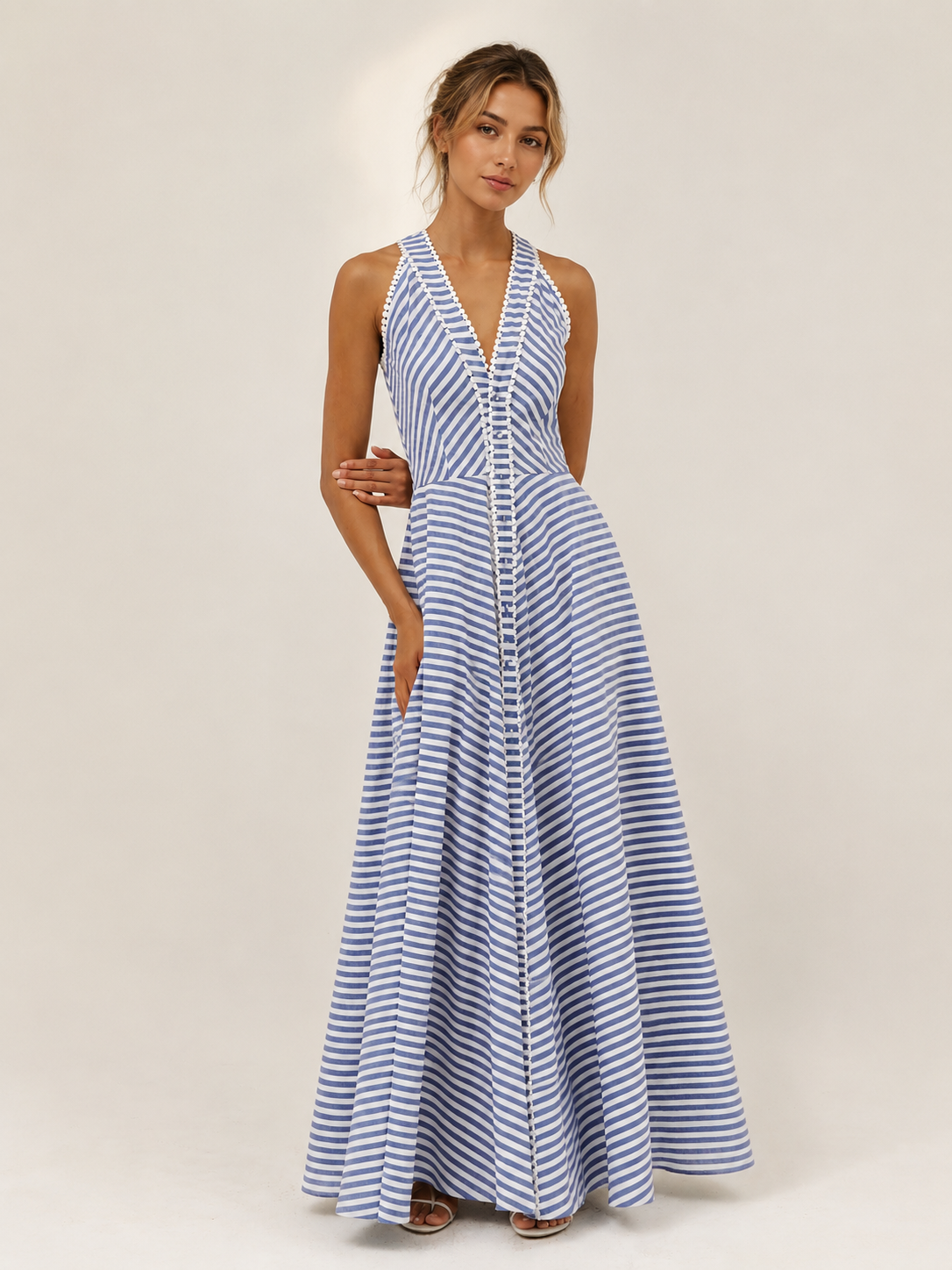 Damen Midikleid mit Streifen und Neckholder in voller Ansicht